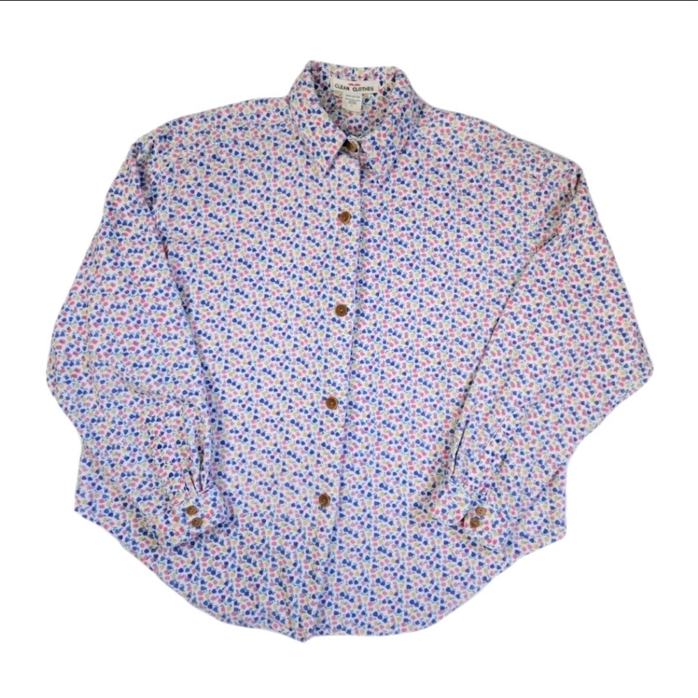 Clean Clothes Brand 100% Cotton Corduroy Button Down Top With Tiny Tulips L